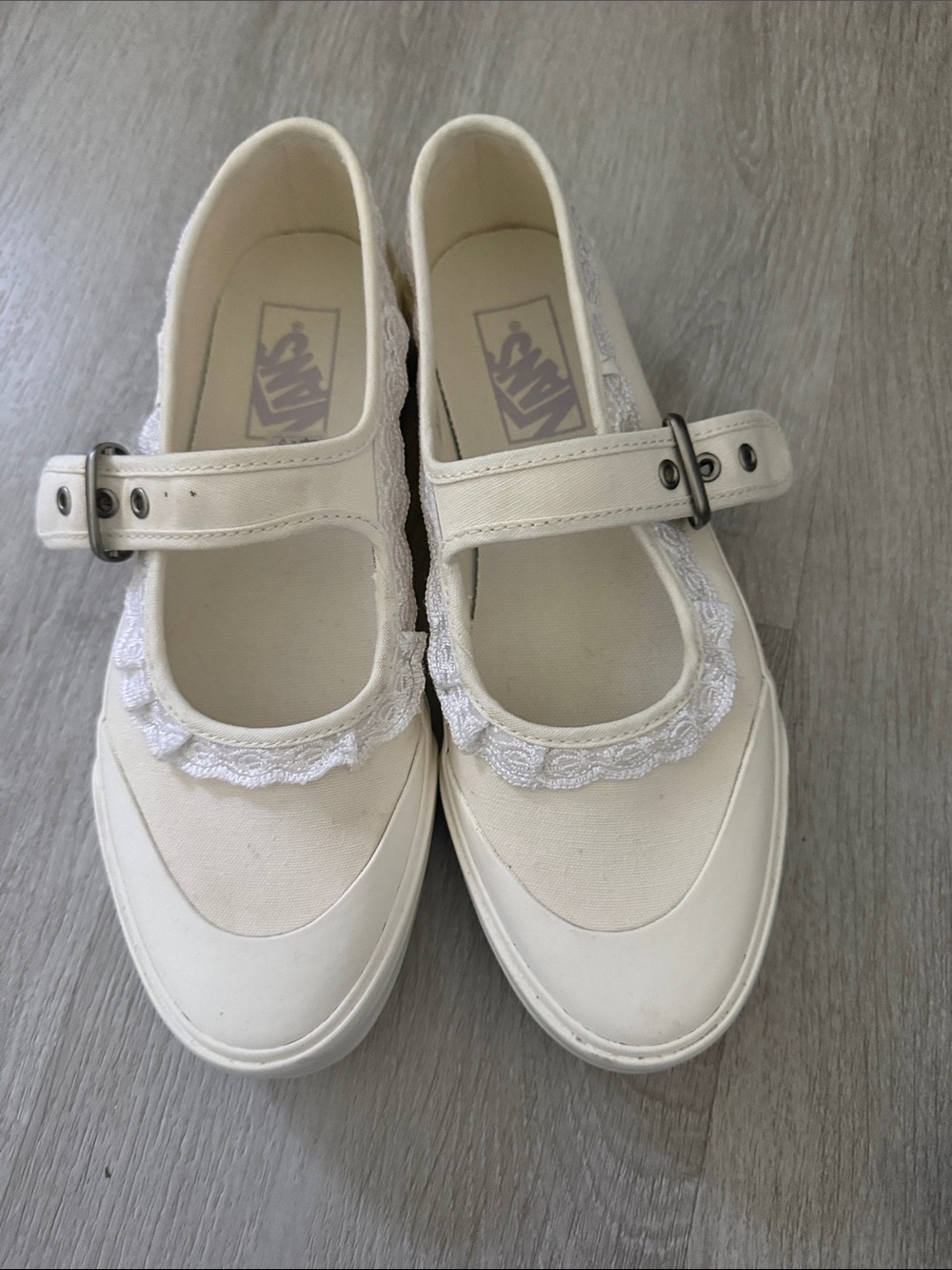 Vans Cream Mary Jane Canvas Flats with Lace Trim